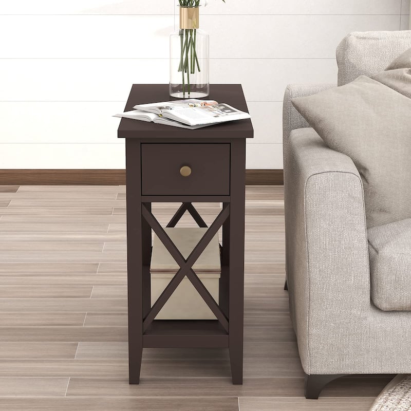 2-Drawer End Table, Flip Top Narrow End Table with Drawer, Accent Small Side Table Nightstand for Bedroom, Espresso