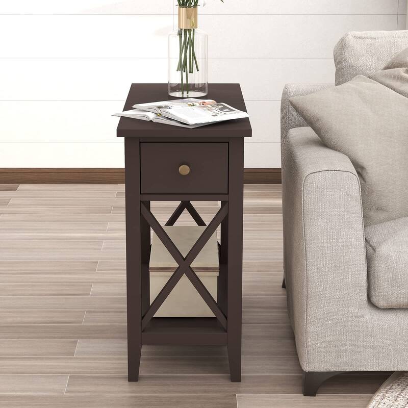 2-Drawer End Table, Flip Top Narrow End Table with Drawer, Accent Small Side Table Nightstand for Small Space