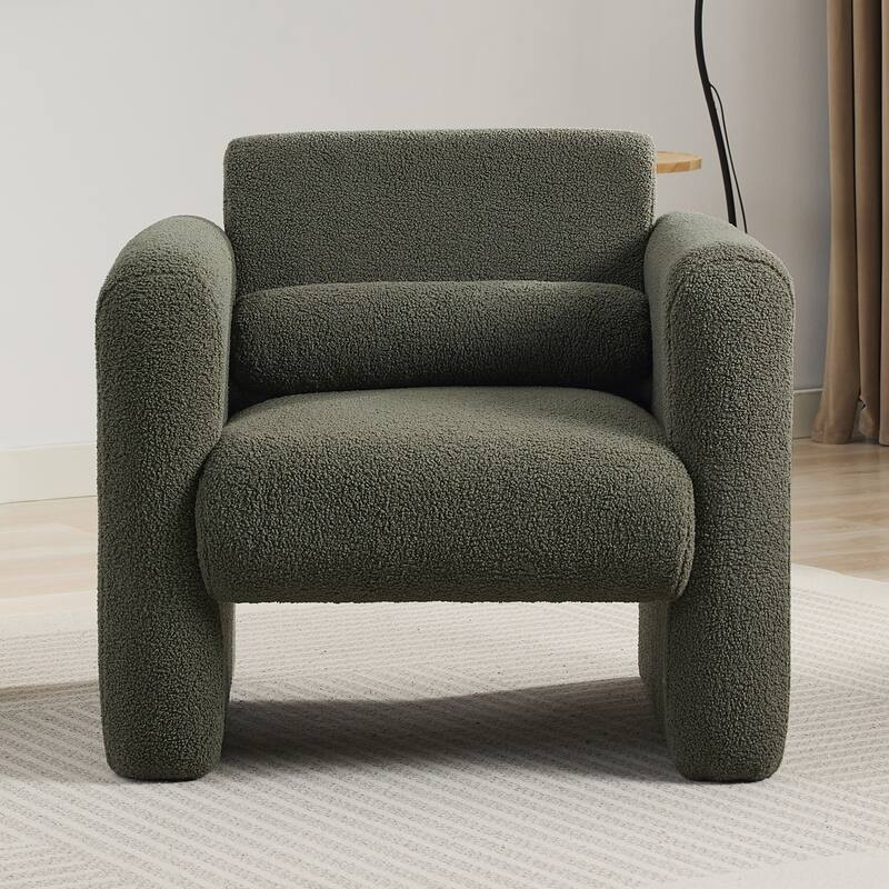 Roomfitters Modern Accent Chair, Lambskin Sherpa Fabric Upholstered Comfy Reading Armchair with Back and Pillow for Living Room