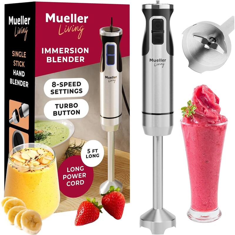 MuellerLiving Immersion Blender - 8 Speed Stainless Steel Electric Hand Blender, Emulsion Blender Stick with Turbo Mode