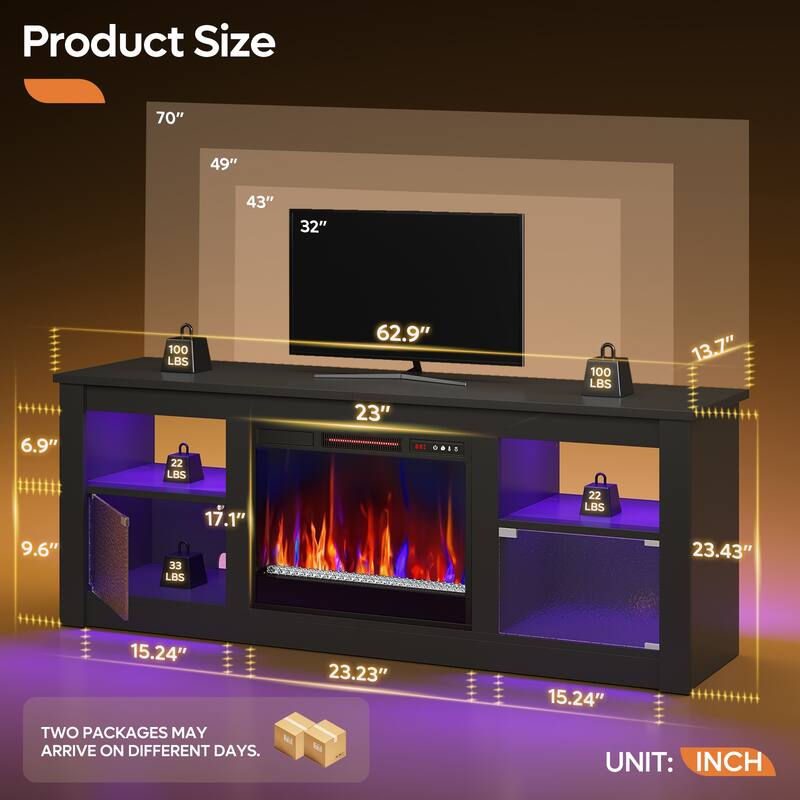 Bestier 63 in. Freestanding Media Console Electric Fireplace TV Stand Fits TV's Up to 70 in. with Cabinet - 62 inches