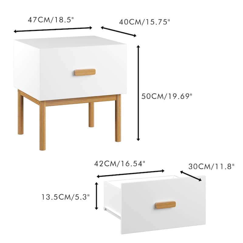 Anmytek Modern White Nightstand with Drawer Wood Legs Minimalist Bedside Table for Bedroom Living Room