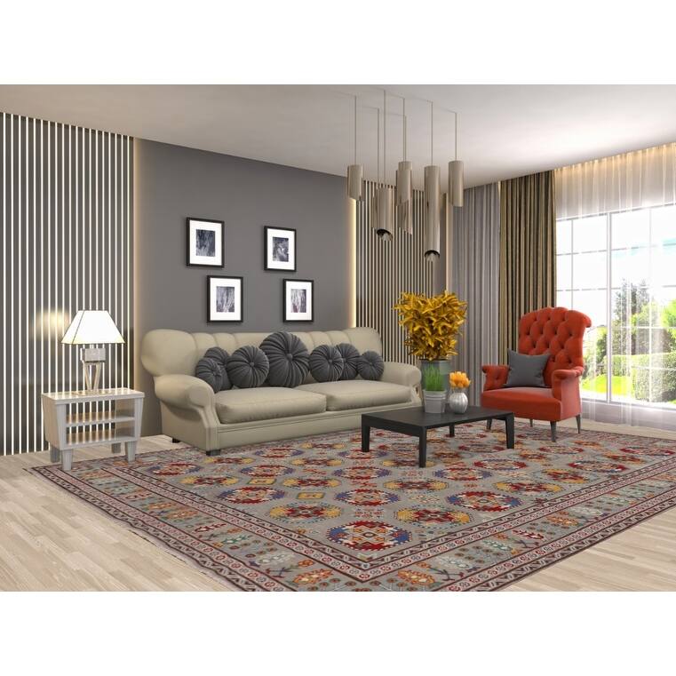 All-Over Gray Kazak Oriental Area Rug Hand-Knotted Wool Carpet - 8'5" x 11'9"