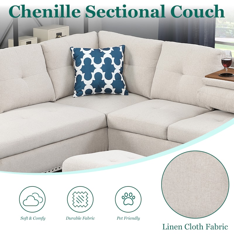 HOMEFUN Linen/Leather Upholstered L-Shaped 4-seater Multifunctional Sectional Sofa with Storage Ottoman,Cup Holder