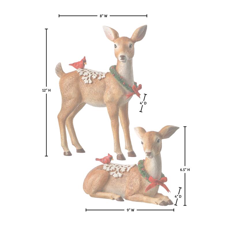 9-12" Resin Deer With Cardinal Snow Saddle Set of 2