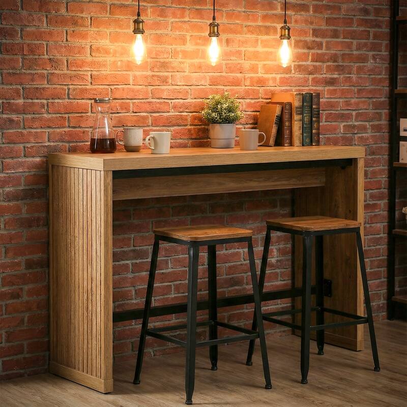 55 Inch Wooden Bar Table with Metal Footrest - 55.11" W x 15.59" D x 37.40" H