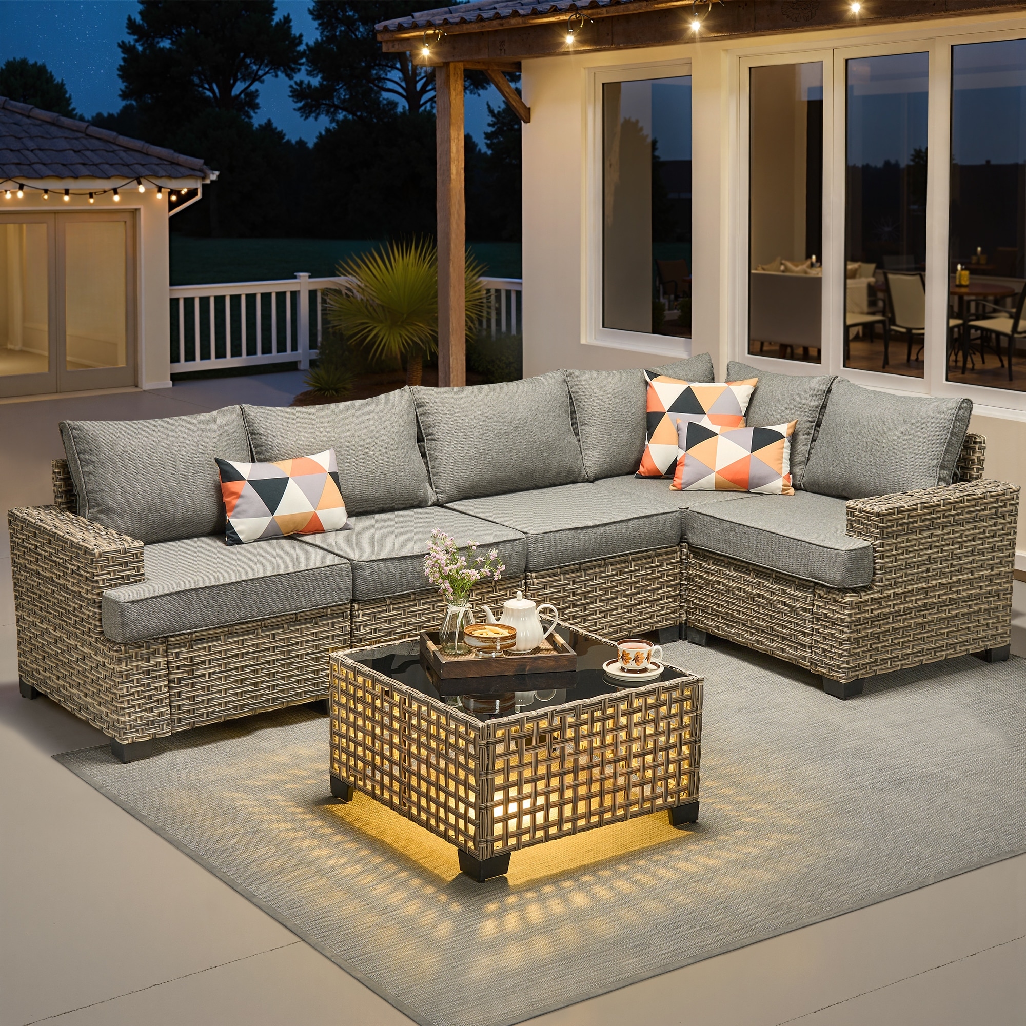HOOOWOOO 6-piece Patio Wicker Wide Armrest Sectional Set with Solar-powered Coffee Table