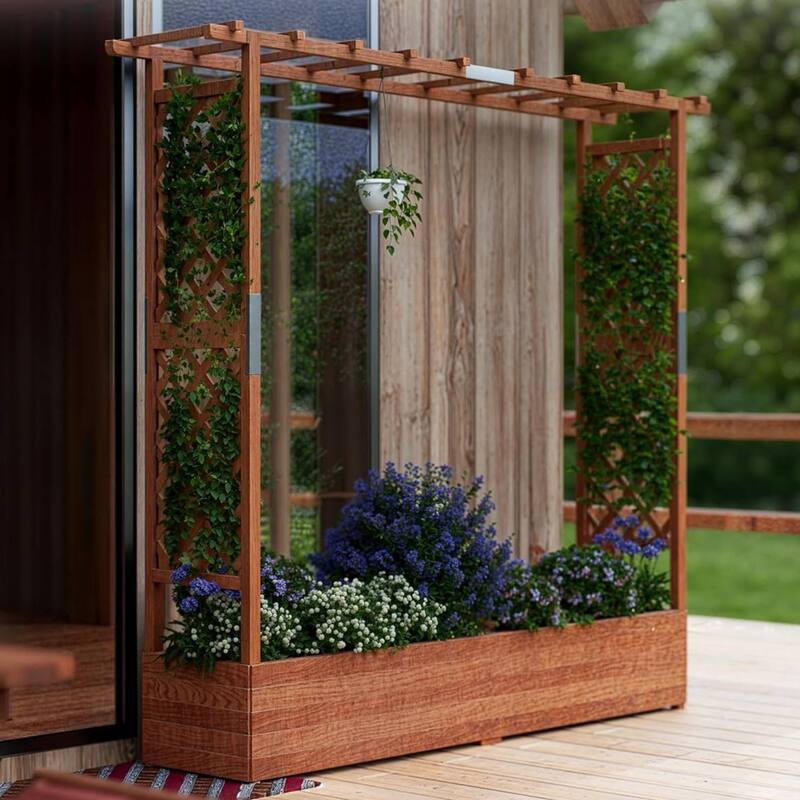 Freestanding Garden Bed Raised Wooden Planter Box with Trellis