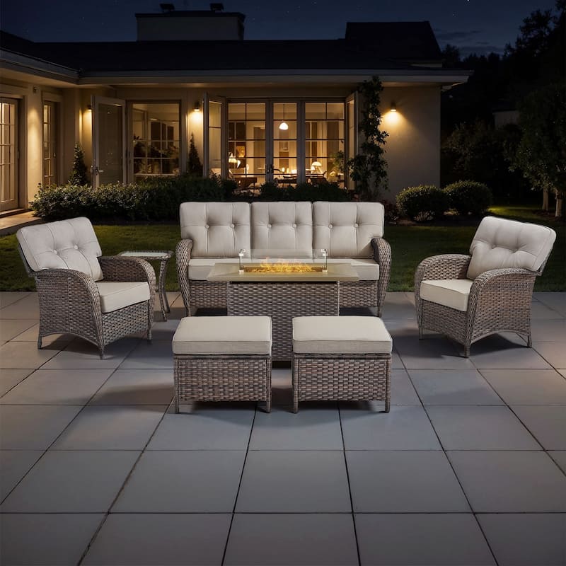 TWrap 7-Piece Wicker Patio Fire Pit Conversation Set with 3-Seat Sofa & Armchairs - Brown/Beige - Fire pit Set