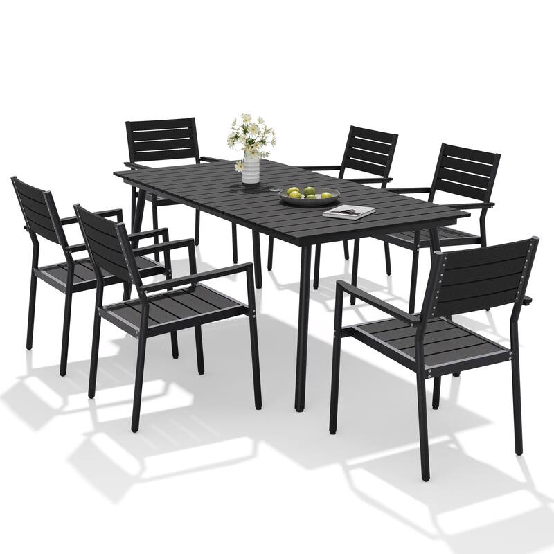7-Piece Outdoor Patio Dining Set Wood-Like Table Top Alumium Umbrella Hole Table with Stackable Armrest Chairs