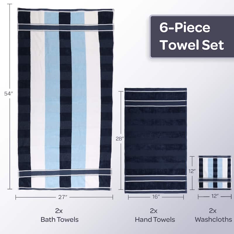 6PC Towel Set - Absorbent Cotton Bathroom Accessories Solid and Striped Towels by Windsor Home