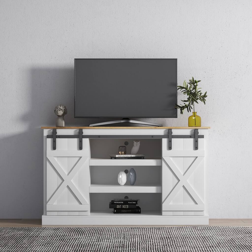 Farmhouse Sliding Barn Door TV Stand for TV up to 65 Inch Flat Screen Media Console Table Storage Cabinet Wood