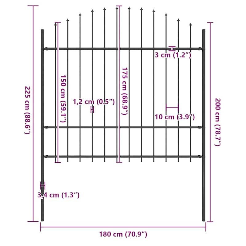 vidaXL Garden Fence with Spear Top Steel 71.3"x29.5"/68.9"/78.7" Black