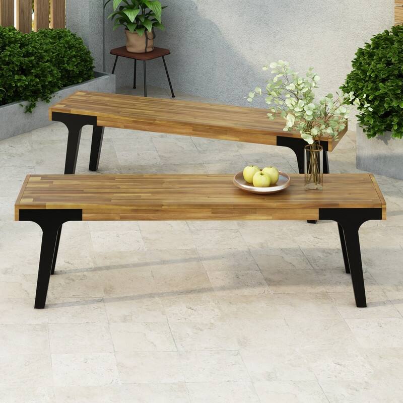 Modern Acacia Wood Dining Bench (Set of 2) - Weather-Resistant Outdoor/Indoor Seating