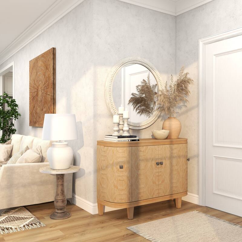 Wood Distressed Carved Beaded Wall Mirror with Beaded Detailing - White - Roche River Decor