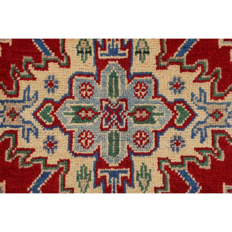 Red Geometric Kazak Foyer Rug Hand-Knotted Oriental Wool Carpet - 3'5" x 5'2"