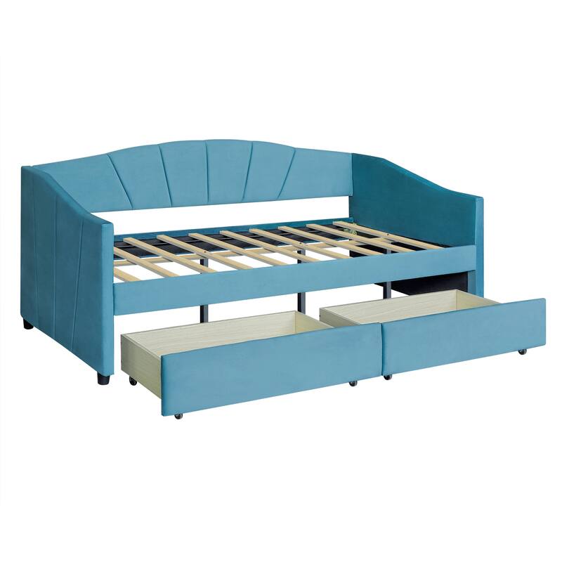 Twin Size Daybed Frame Rays Pattern Design Velvet Upholstered Daybed with 2 Drawers or Trundle, Wood Slat Support