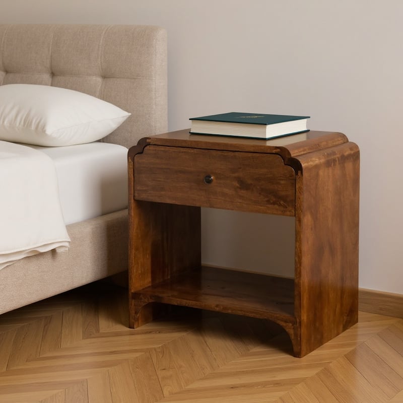 HomeRoots 20" Brown Solid Wood Scalloped Edge One Drawer Nightstand - Brown - 1-drawer