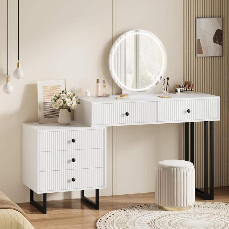 Vanity Desk with Mirror and Lights,Makeup Vanity with 5 Drawers, Modern Makeup Vanity Organizer with 3 Color Lights - White