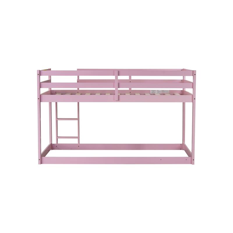 Wooden Twin over Twin Floor Bunk Bed with Ladder, with Bed Platform of Strengthened Slats