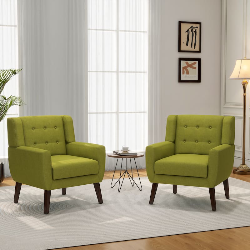 Set of 2 Modern Accent Chair Cotton Linen Upholstered Armchair for Living Room - Tufted - Green