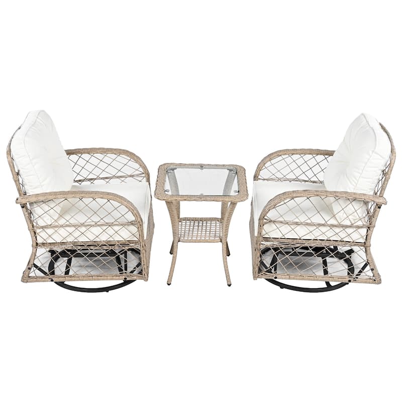 3-Piece Outdoor Chair Table Set Chat with Square Table & 2 Swiveling Chairs Set 2-person Rattan Seating Group for Garden