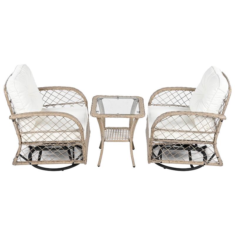 Outdoor Rattan Table Chairs Set with 2 Swivel Chair and Storage Shelf Coffee Table, Patio Conversation Chair Set, 3-Piece