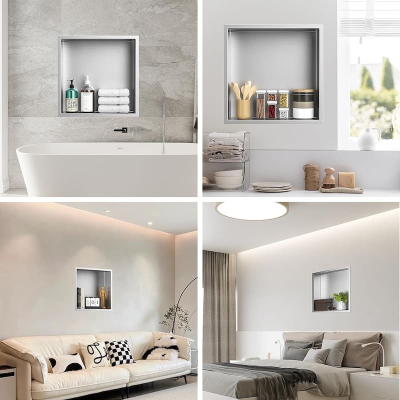 Lordear Brushed Stainless Steel 12'' x 12''Single Shelf Bath Shower Niche Bathroom Storage