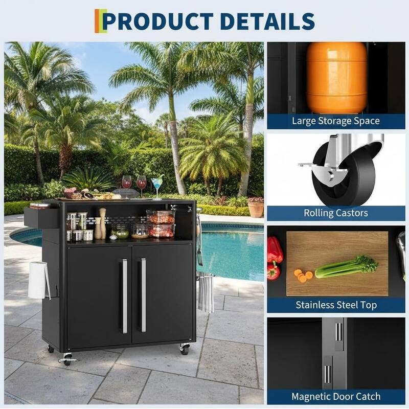 Black Outdoor Grill Cart, with Wheels