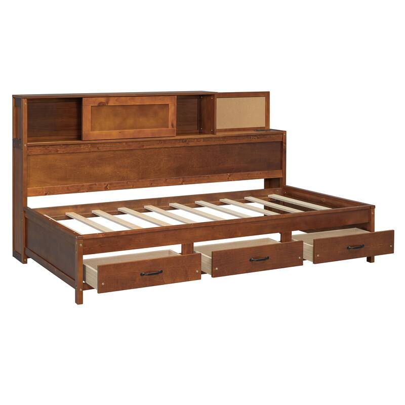Twin Size Wooden Daybed with Storage Drawers, USB Ports, and Shelf, Walnut Finish