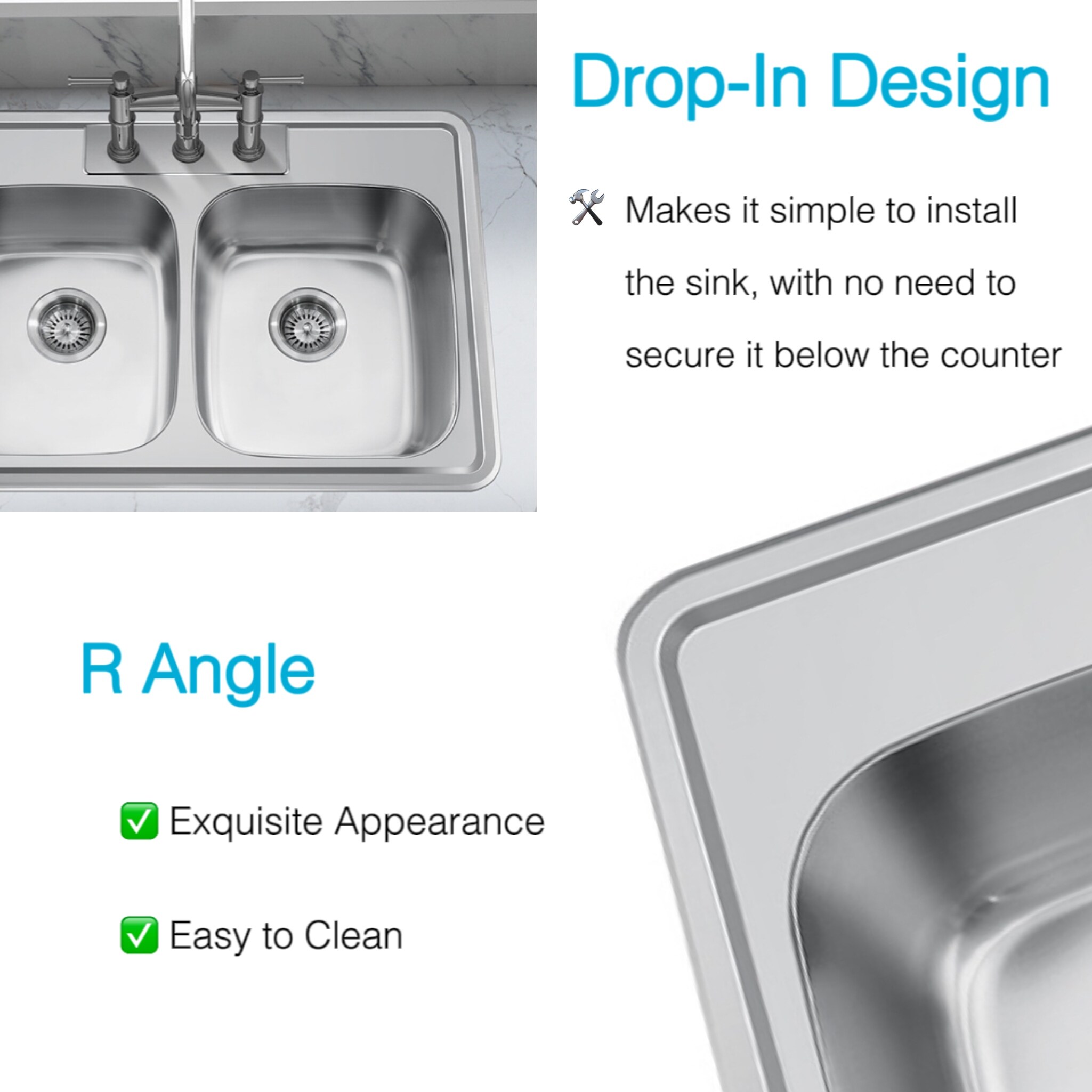 33'' x 22'' PRO Classic Drop in Double Bowl Kitchen Sink,Top