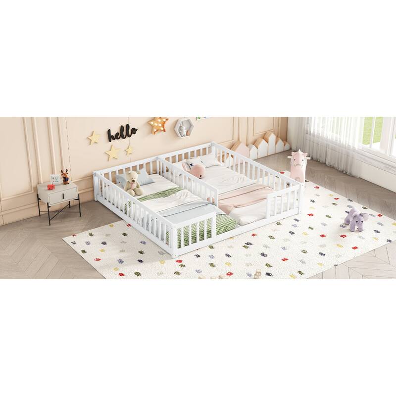 Roomfitters Double Twin Floor Bed Frame with Fence and Guardrails, Low Profile Shared Platform Bed, No Door Design