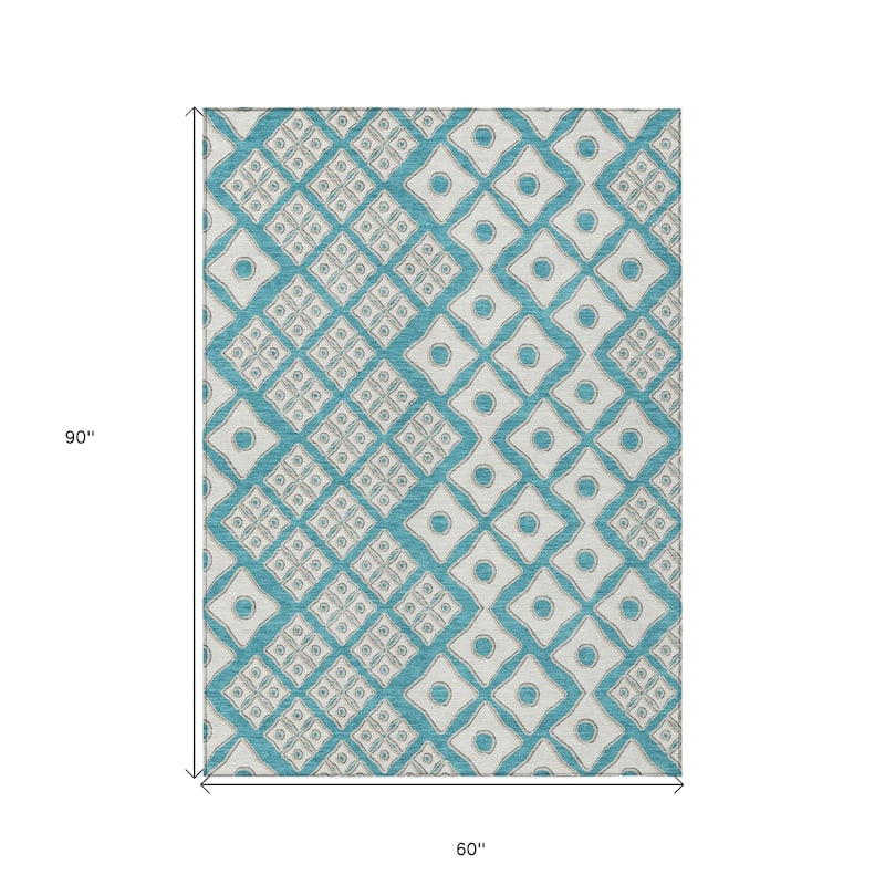 Blue And Ivory Geometric Washable Indoor Outdoor Area Rug - 5' X 8'