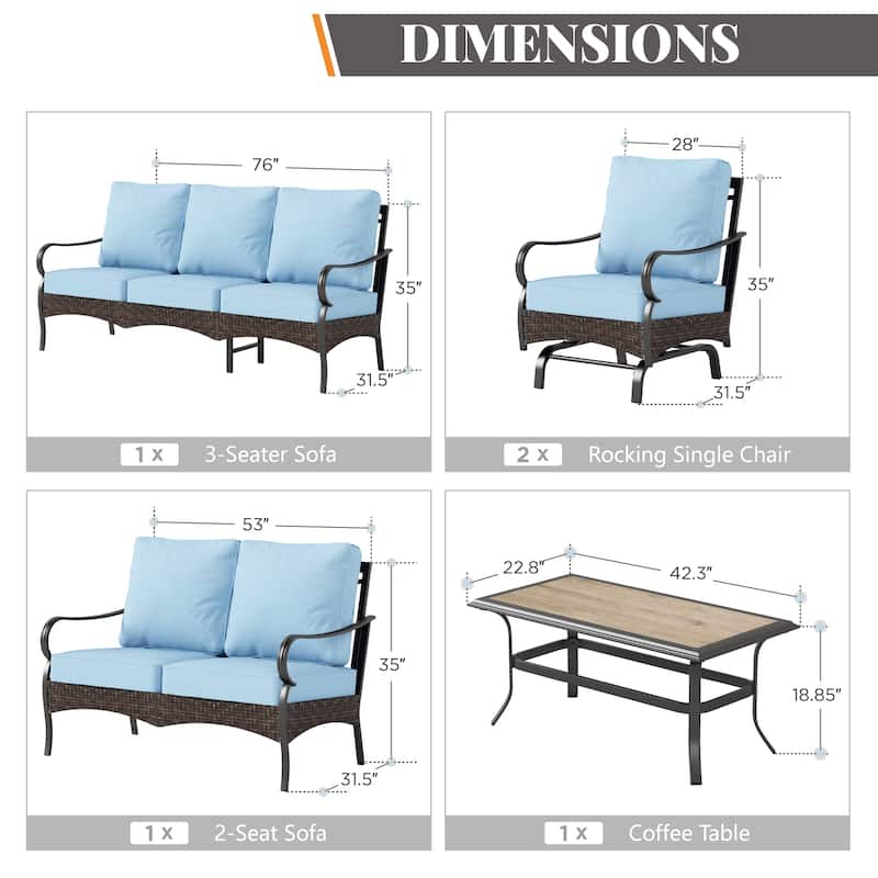 MAISON ARTS Modern Outdoor Patio Furniture Set with Waterproof Cushions - 5-Piece Wicker & Metal Conversation Set - Rocking Chair - Blue