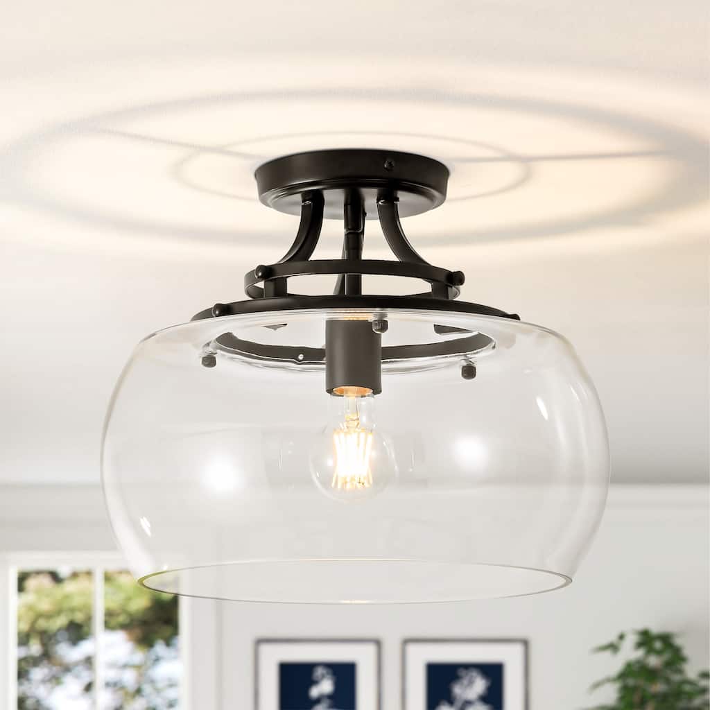 1-Light 13.8" W Modern Schoolhouse Matte Black Semi-Flush Mount Ceiling Light with Clear Dome Glass Shade for Bedroom