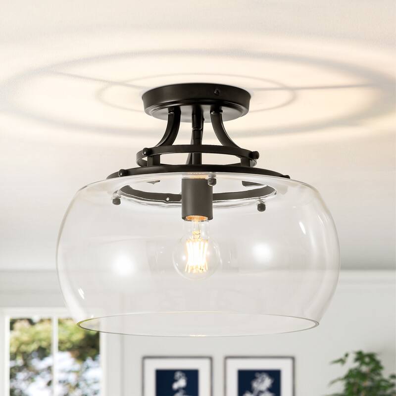 1-Light 13.8" W Modern Schoolhouse Matte Black Semi-Flush Mount Ceiling Light with Clear Dome Glass Shade for Bedroom - Black/Clear - 13.8 in. W x 11.4 in. H x 13.8 in. D