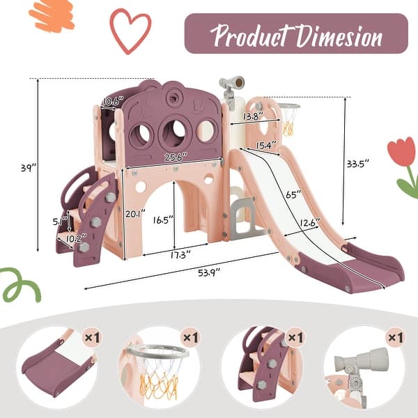 dimension image slide 0 of 3, 7 in 1 Toddler Slide Set, Freestanding Spaceship Set with Slide, Kids Slide Playset Structure, Arch Tunnel and Basketball Hoop