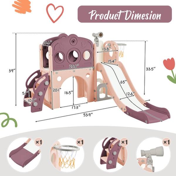 dimension image slide 0 of 3, Freestanding Spaceship Set with Slide, Arch Tunnel and Basketball Hoop, Toy Storage Organizer for Toddlers, Kids Climbers