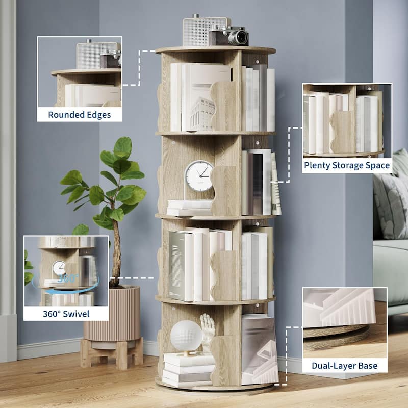 4 Tier Rotating Bookshelf Tower, Spinning Corner Bookshelf for Small Spaces, Revolving 360° Bookcase Storage Rack Tower