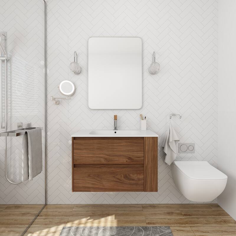 Modland 30" Wall-Mount Vanity with Gel Sink & Soft-Close Drawers - Adjustable Shelf, Brown/Imitative Oak - 30 Inch