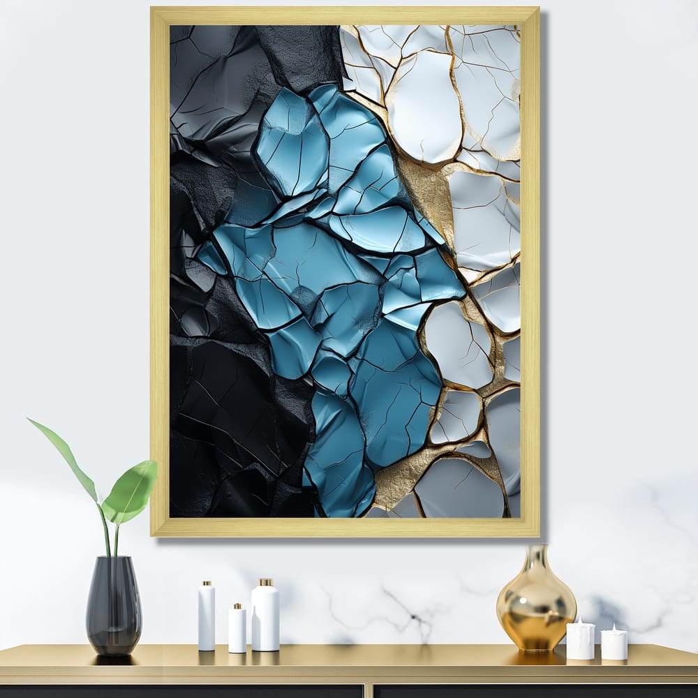 Designart "Turquoise White And Gold Marble Art" Abstract Painting Framed Canvas Art Print