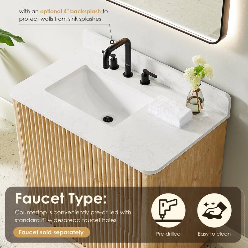 Clayton Bathroom Vanity in Washed Light Brown with Grain White Engineered Stone Countertop without Mirror