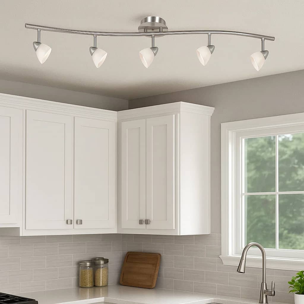 5 Light 120V Metal Track Light Fixture with Glass Shade, White and Silver