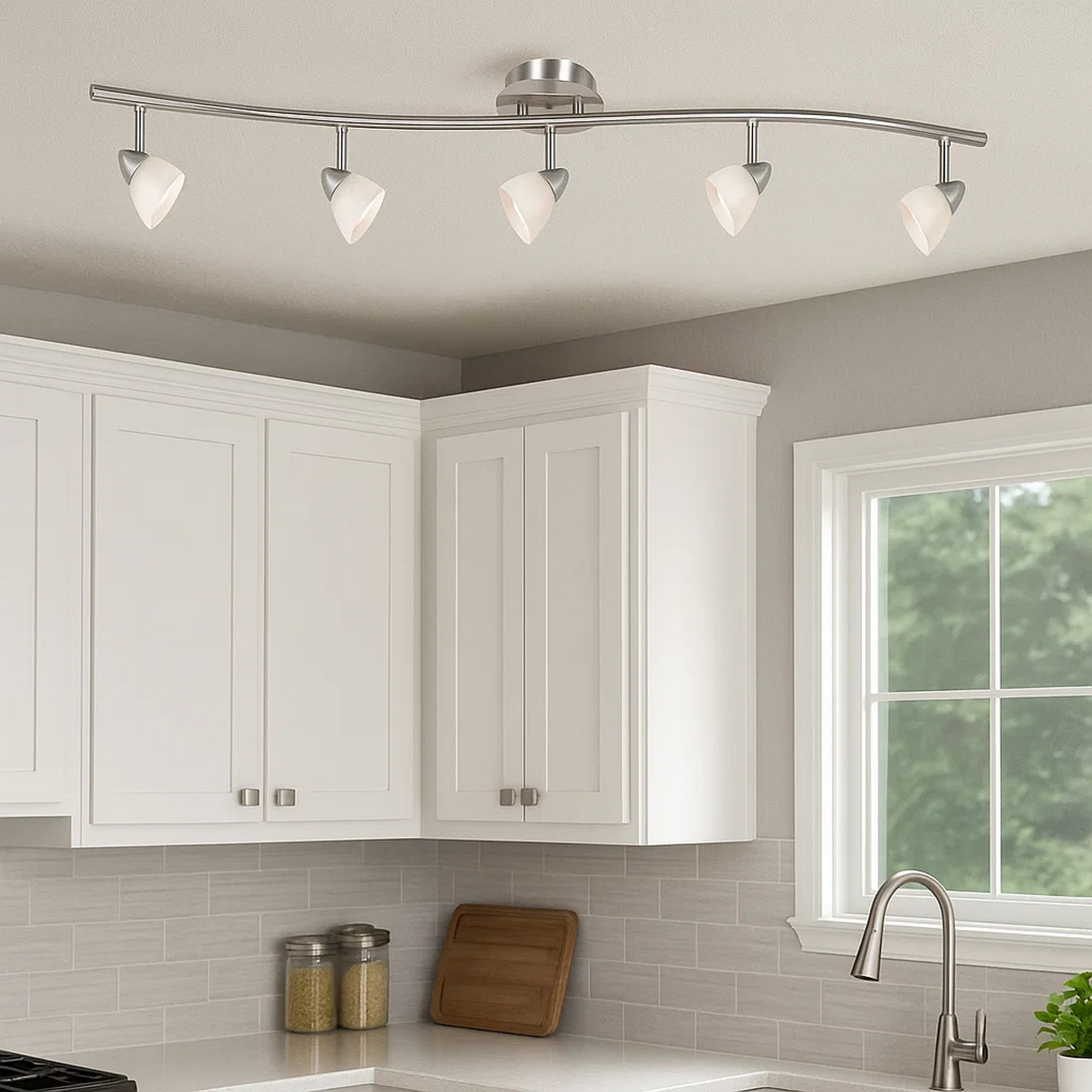 5 Light 120V Metal Track Light Fixture with Glass Shade, White and Silver