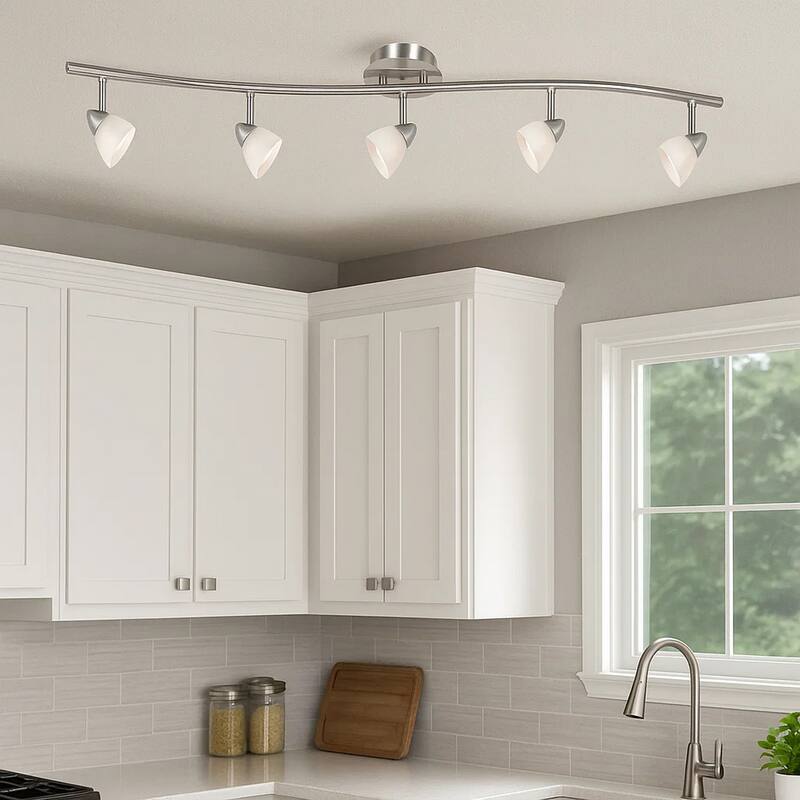 5 Light 120V Metal Track Light Fixture with Glass Shade, White and Silver