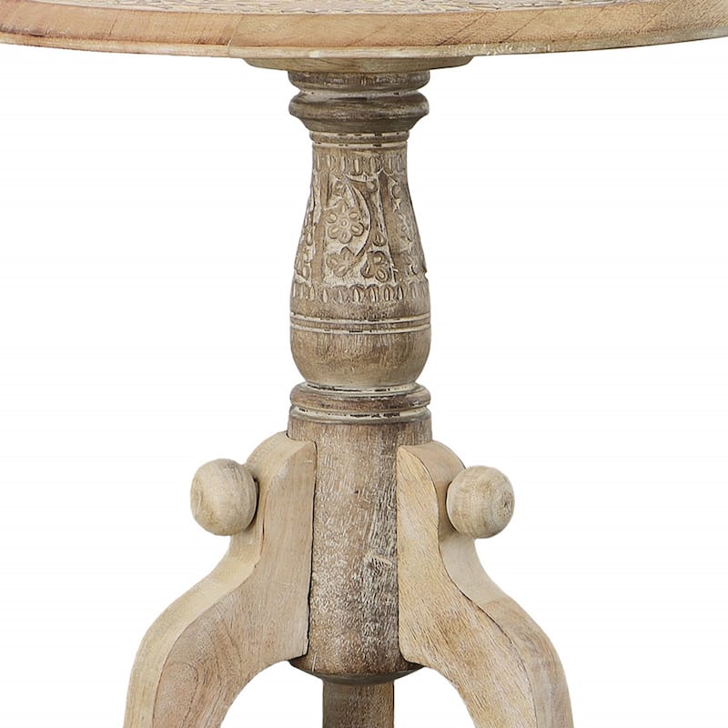 Intricately Carved Round Top Mango Wood Side End Table with Pedestal Base, Brown and White