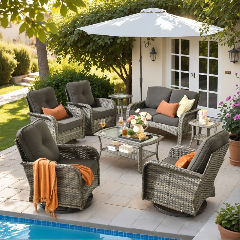 HOOOWOOO 8-piece Wicker Rattan Outdoor Furniture Patio Swivel Chair Set - Black