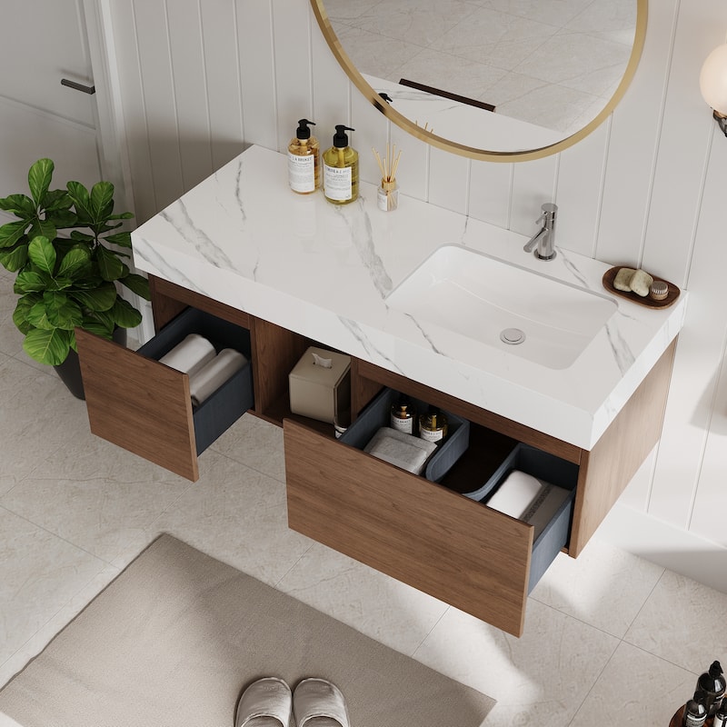 48" Mid Century Single Bathroom faux marble Vanity with Top, Solid Wood, Floating Vanities for Bathroom - 47.6" x 19.6"