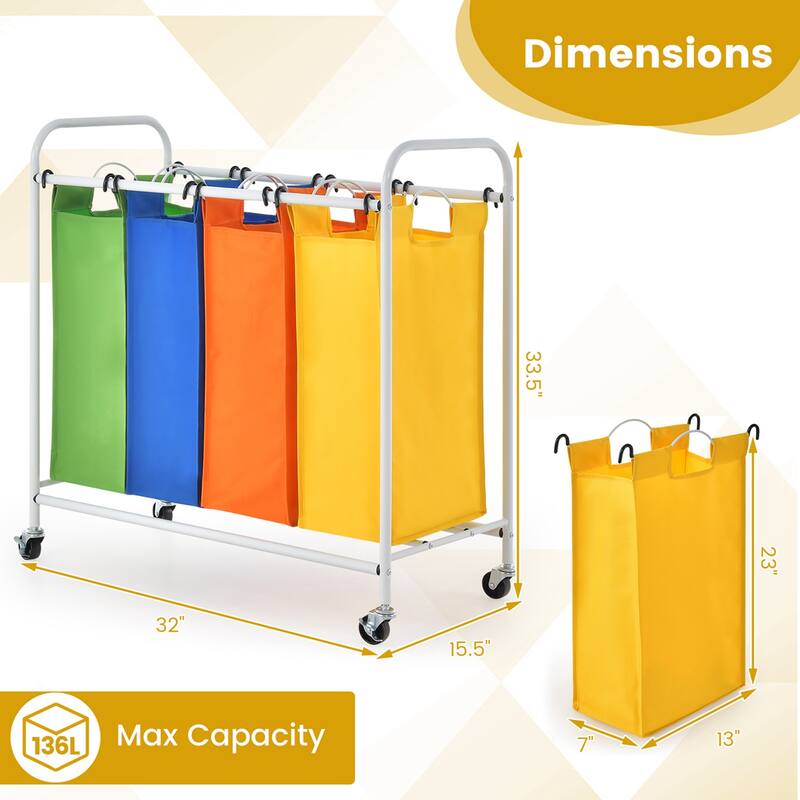 Costway 4 Bag Laundry Sorter Cart Clothes Hamper Storage Organizer - See Details