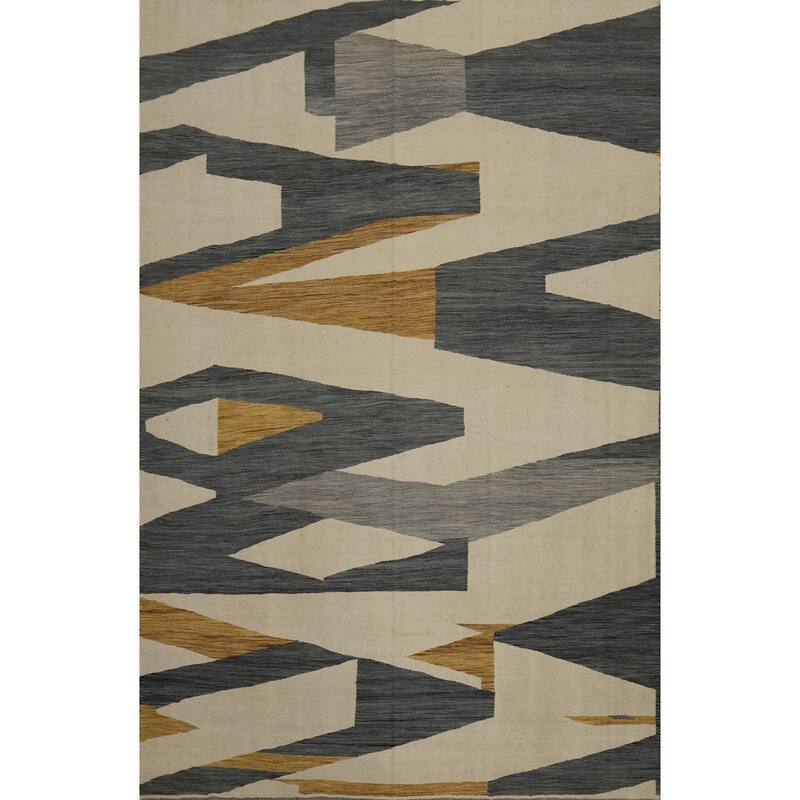 Hand Woven Oriental 100% Wool Carpet Southwestern Modern Beige & Ivories Kilim Area Rug - 12' 2'' X 9' 0''